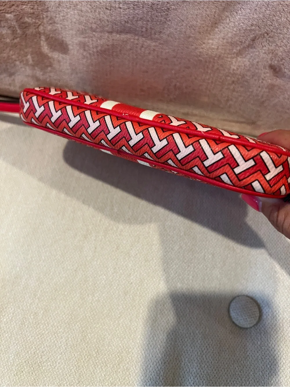 Tory Burch Redish orange and White Patterned wristlet